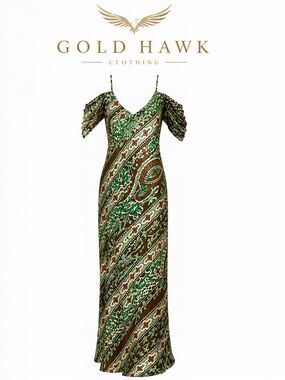 NWOT Gold Hawk Silk Maxi Dress Paisley Green Brown Cream Puff Sleeve Small